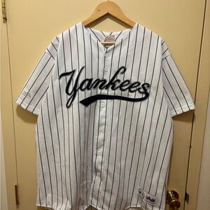 Majestic White Navy Pinstripe Yankees Jersey
